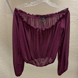 Forever 21 Burgundy Sheer Off-Shoulder Blouse